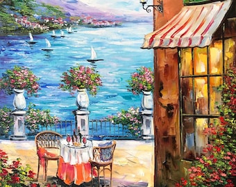 イタリアのカフェを描いた油絵オリジナル、イタリアの海辺の村のアート