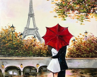 Couple Kissing Under Red Umbrella Painting Romantic Wall Art - Etsy