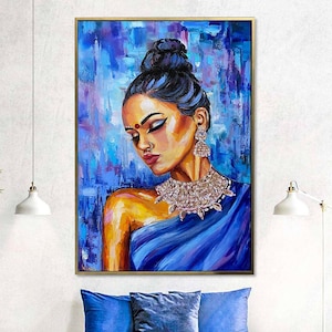Indian Woman Painting Canvas Modern Indian Blue Wall Art Aesthetic Indian Art Work Contemporary Abstract Indian Lady Oil Painting Original