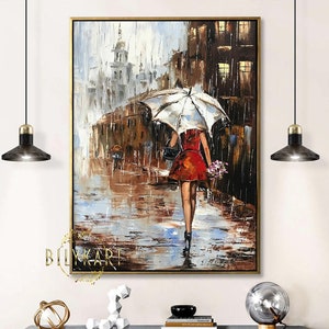 Abstract Girl with Umbrella in Rain Painting Wet City Street Oil Painting Original Woman Holding Umbrella Painting Large Abstract Rain Art