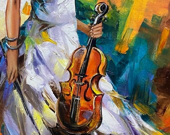 3Dアート絵画　バイオリン バイオリンを持つ女性 油絵 オリジナル 女性 36x48 キャンバス 壁