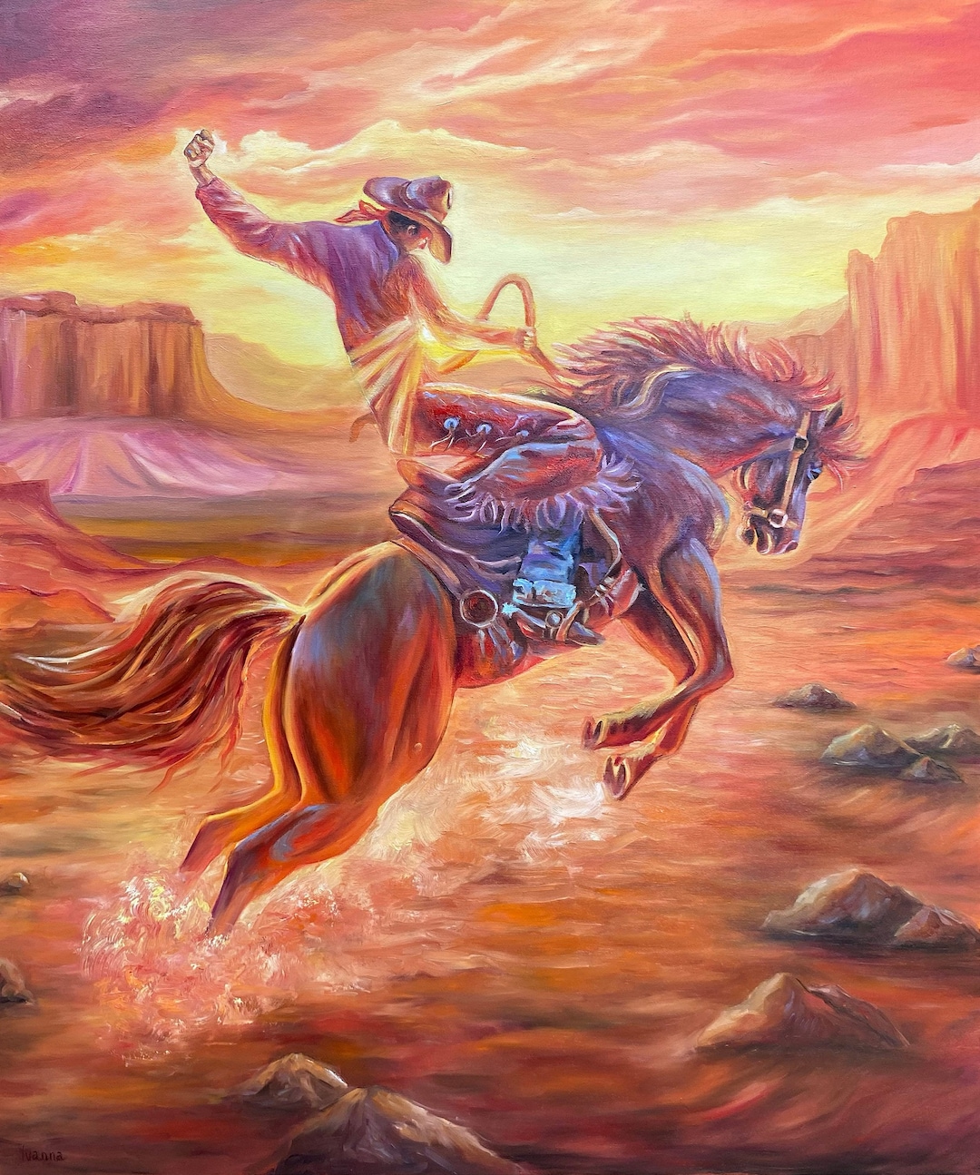 Western Oil Painting Original Framed Cowboy Painting on Canvas Etsy