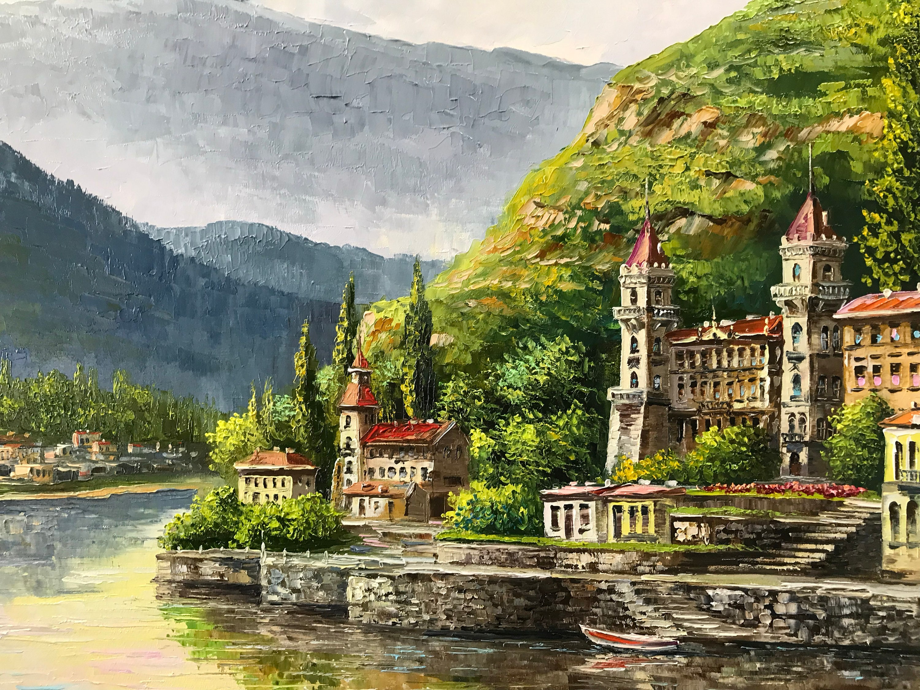 コモ湖の油絵 オリジナルイタリア風景画 キャンバス イタリアアート