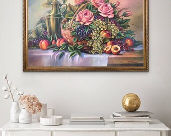 静物画 フルーツバスケット 油絵 キャンバスに描かれたオリジナルの