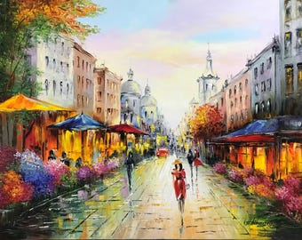 Pintura vibrante de paisagem urbana, pintura original de cena de rua francesa, arte de café parisiense, pintura parisiense, obra de arte de Paris, arte de parede parisiense.