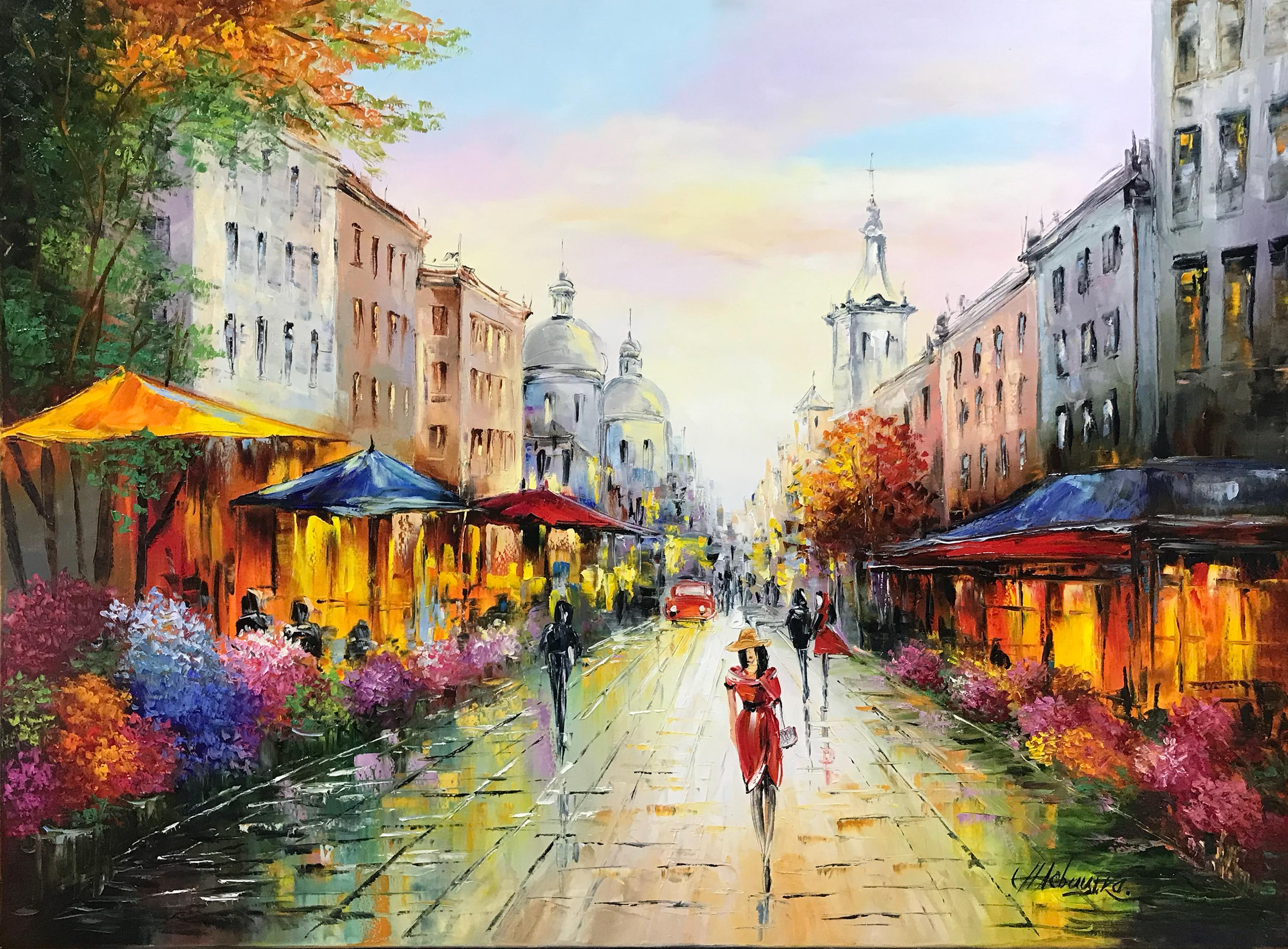 鮮やかな都市景観画、オリジナルのフランスの街並みの絵画、パリの