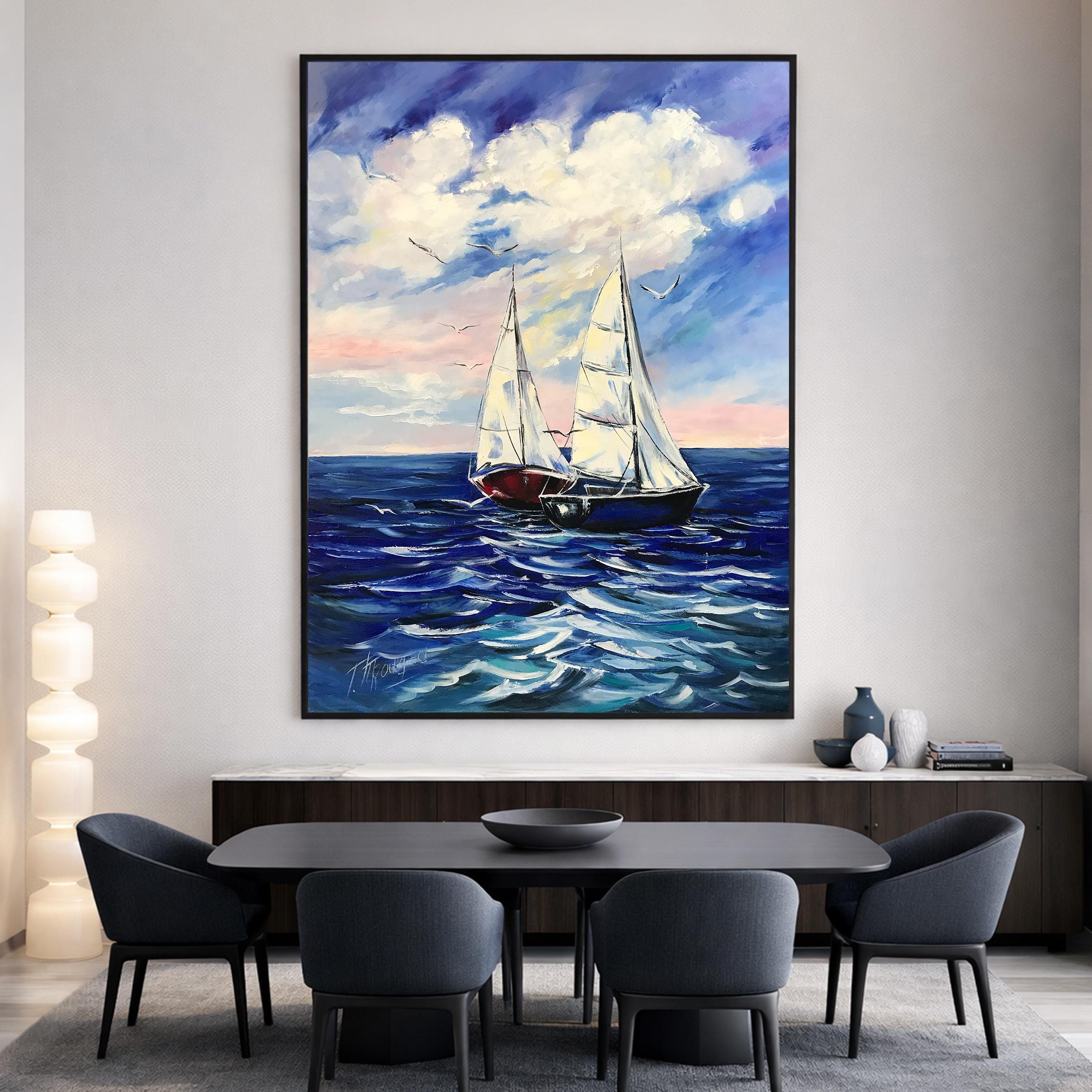 Large Sailboat Seascape Oil Painting on Canvas, Blue Ocean Wave
