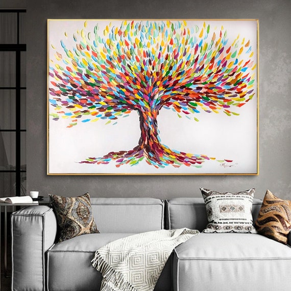 Grand arbre de vie texturé peinture sur toile Art mural en terre cuite 40 x  30 empâtement peinture maître chambre Decor coloré arbre peinture 30 x 40 -   Canada