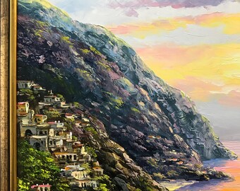 【イタリア・ヴァレンナの夕景】額装済み原画　F6サイズ イタリアのレモンの木を描いたキャンバス油絵：カラフルなポジターノ