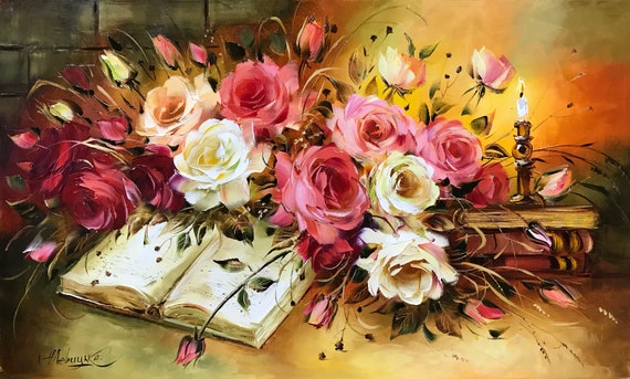 外国作者　油絵　薔薇　フラワー ヴィンテージローズ油絵オリジナル手描き花柄アート古典的なバラの絵画