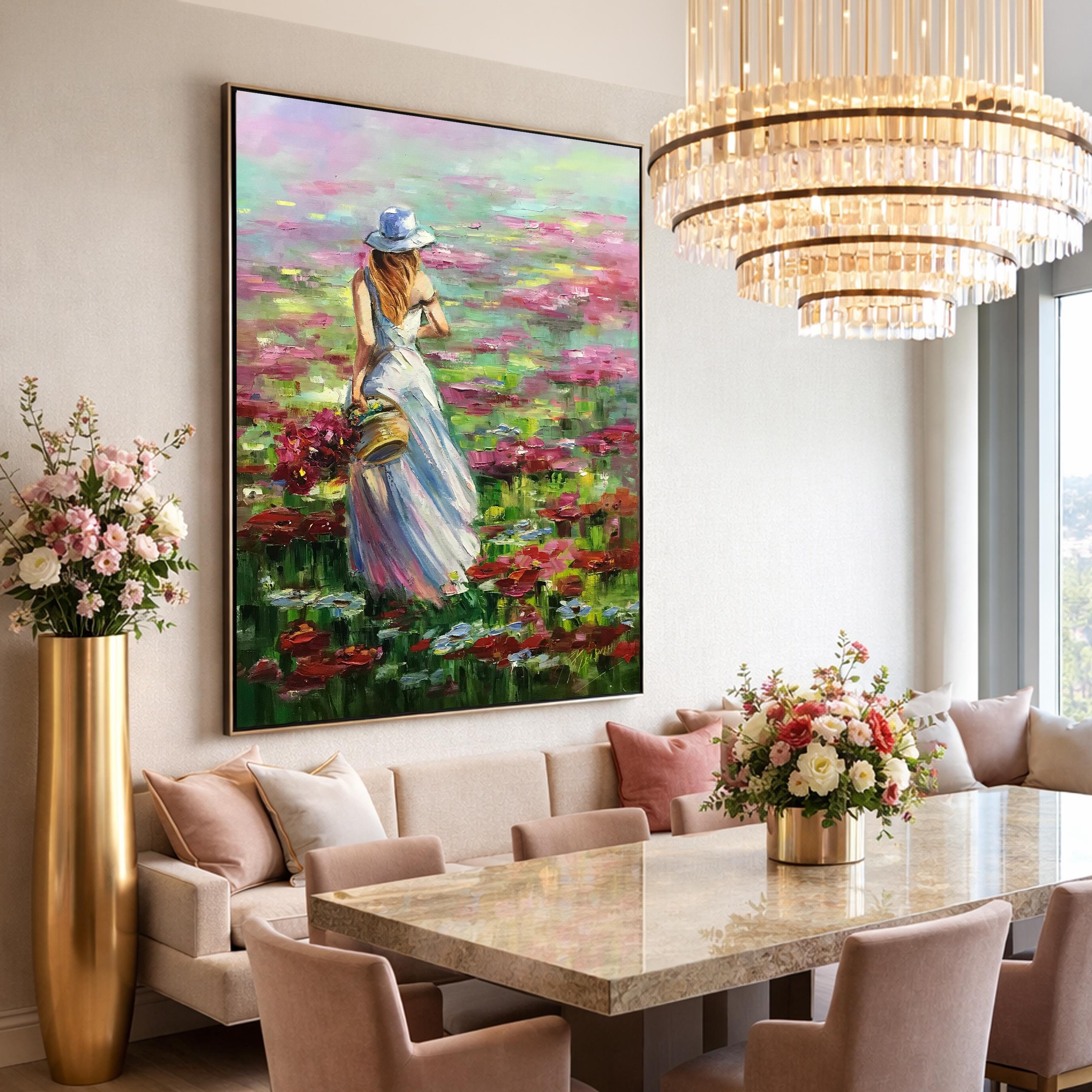 Woman With Flowers Oil Painting, Framed Wildflower Meadow Artwork 30x40 ...