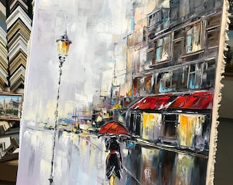 雨の降る街の風景を描いた油絵（オリジナル）、赤い傘を持った女性の