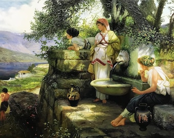 Woman at the Well Oil Painting on Canvas, Israel Landscape Art
