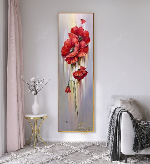 Long Narrow Wall Art Large Poppy Flowers Oil Painting Tall - Long Vertical Pictures For Walls Long Narrow Wall Art Large Poppy Flowers Oil Painting Tall - Long Vertical Pictures For Walls