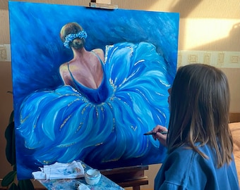 抽象的なバレリーナの油絵オリジナルの青いバレリーナの壁アートドレス