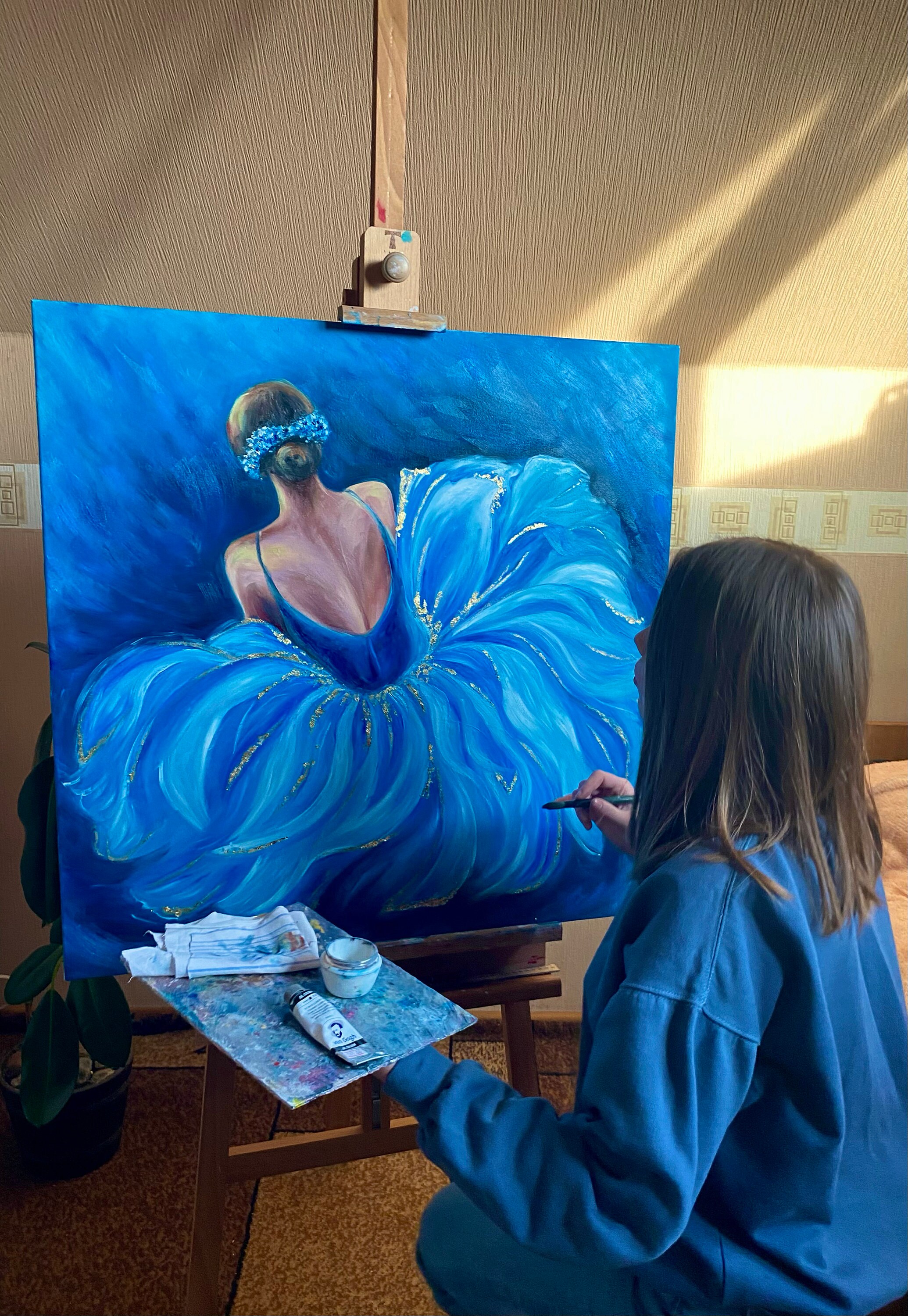 抽象的なバレリーナの油絵オリジナルの青いバレリーナの壁アートドレス