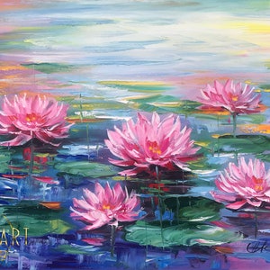 Water Lily Painting on Canvas Claude Monet Water Lilies Wall Art Lotus Flower Oil Painting Pink Lilies Wall Decor Pond Painting Original
