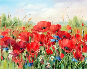 Ukrainian Poppy Field Painting Original Art Work Wildflowers Ukrainian Oil Painting Landscape Red Poppies Painting Support Ukraine Artist