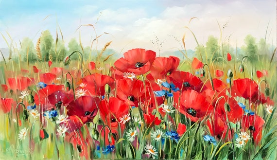 Ukrainian Poppy Field Painting Original Art Work Wildflowers