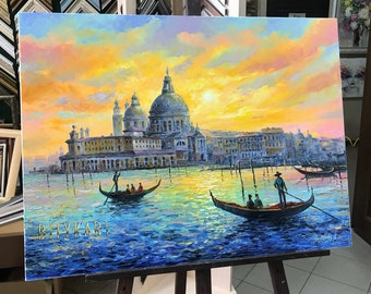 ヴェネツィアの運河の油絵 イタリアのオリジナル絵画 ヴェネツィアの