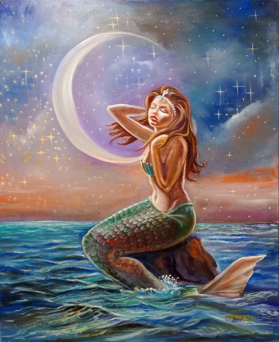 本日のタイムセール - ホットプレート / ホット キャンバスに描かれた月明かりの中の大きな人魚の絵画 人魚の壁 絵画