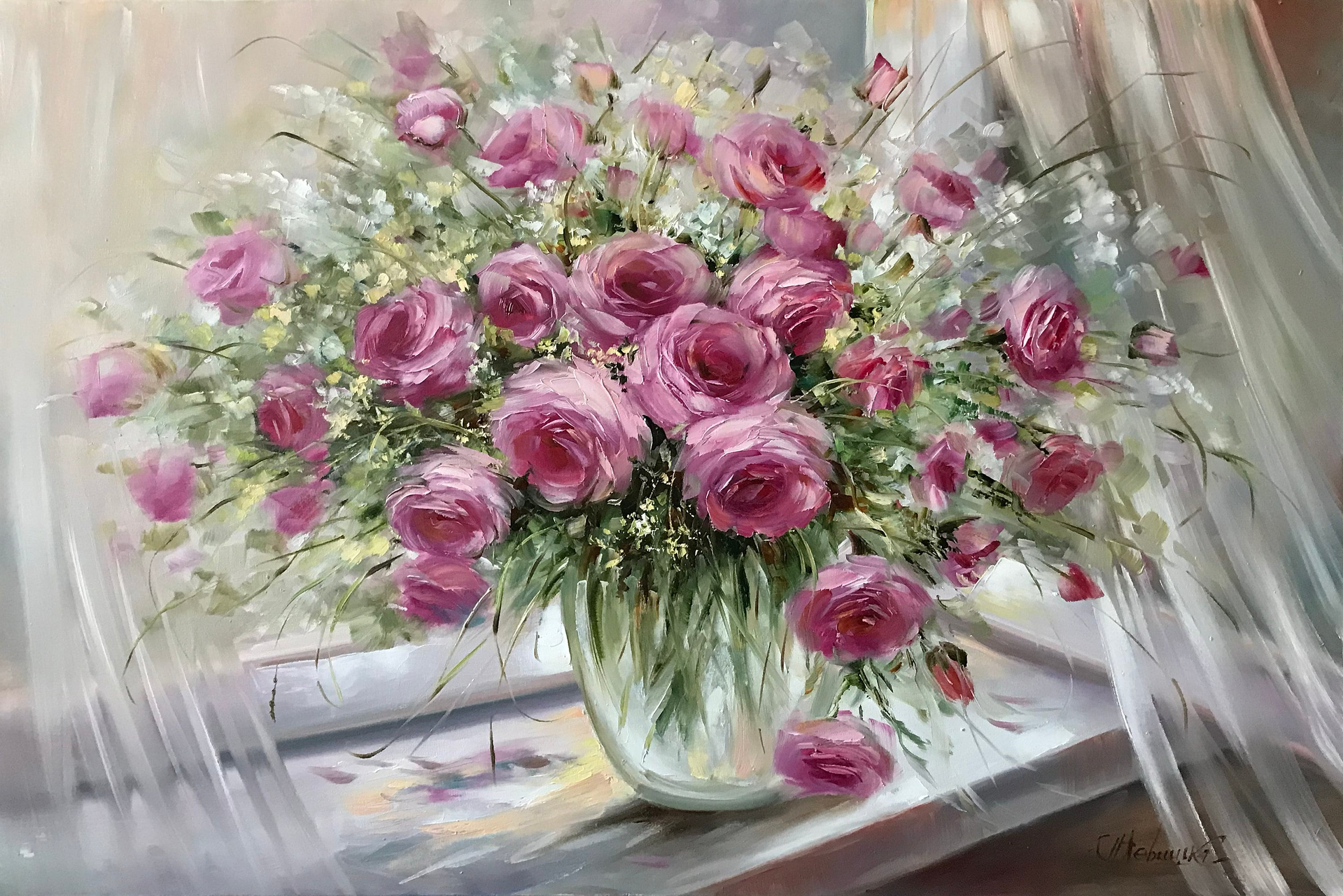 作者不明 バラ 花束 油彩画 装飾フレーム付き 薔薇 作者不明 バラ 花束 油彩画 装飾フレーム付き 薔薇 ピンクのバラ