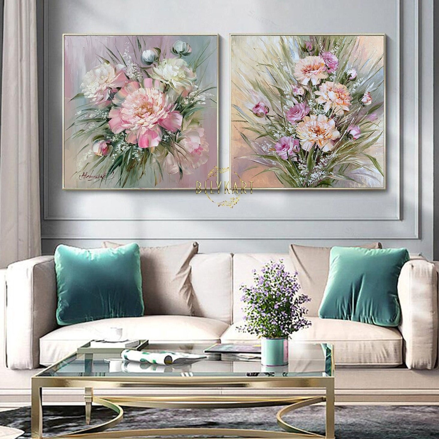 Set of 2 Large Canvas Paintings Floral Wall Decor Floras 