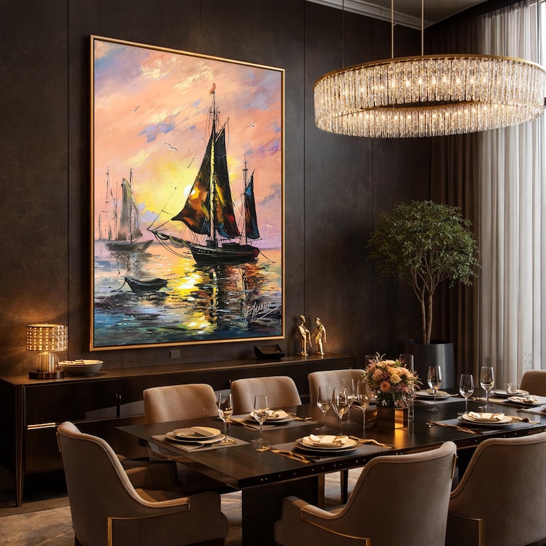 Sailing Ship Oil Painting Original: Large Abstract Sailboat at Sunset Wall Art image 5