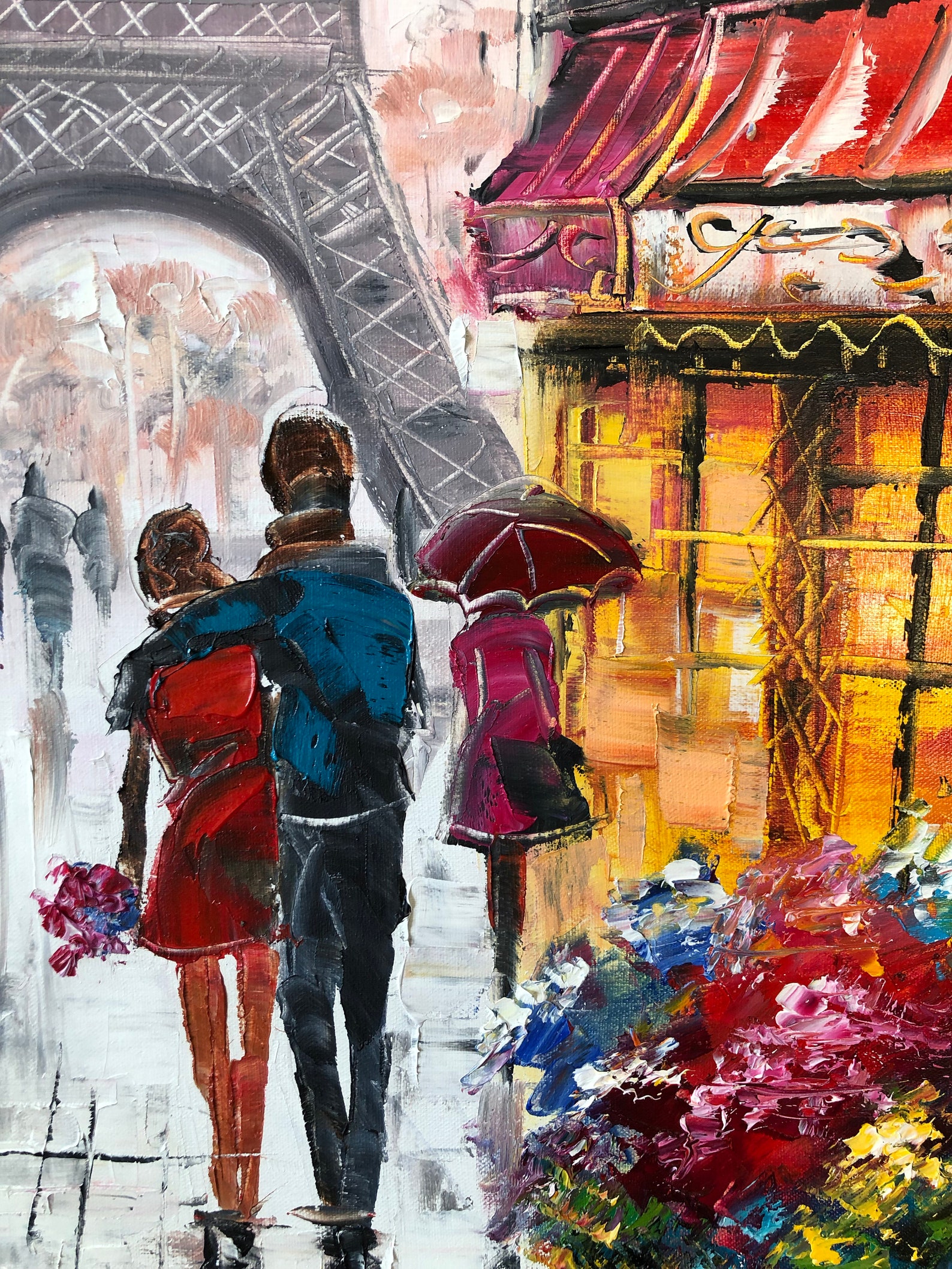 Paris Romance Wall Art Red Umbrella Eiffel Tower Original Oil Etsy