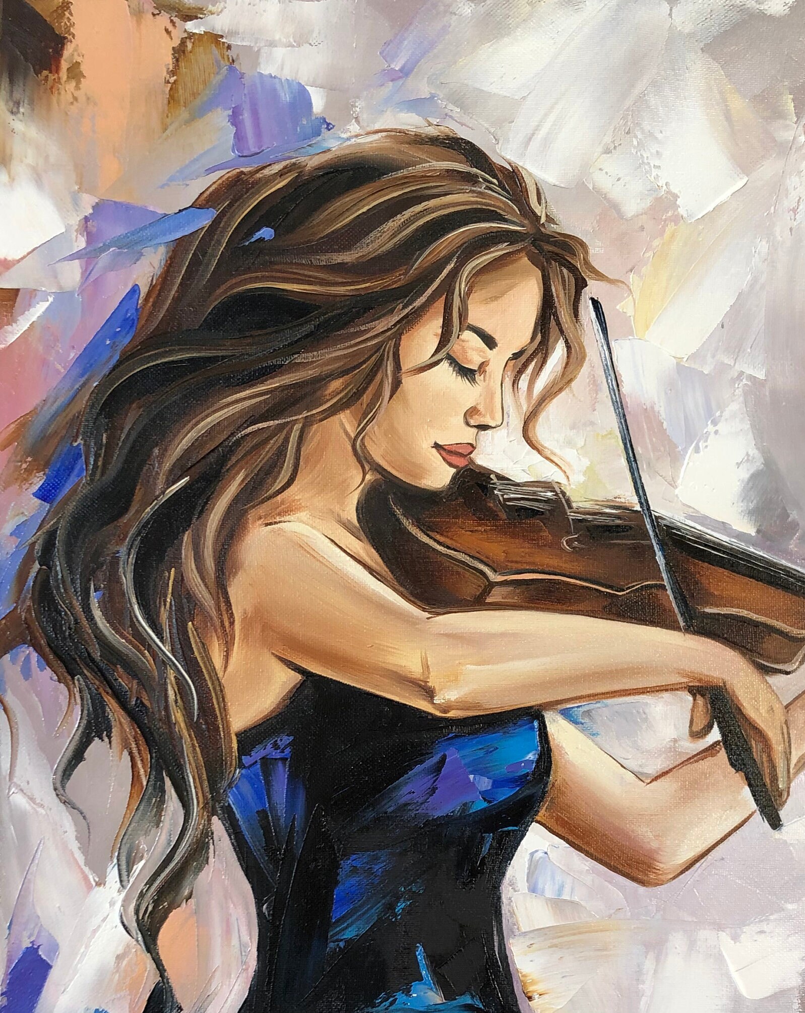 Woman Playing Violin Oil Painting on Canvas, Elegant Musician Girl