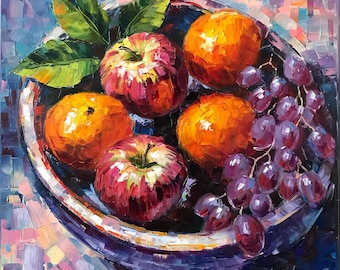 Dipinto ad olio di frutta colorato / Mele, uva, pesche, natura morta, dipinto a mano su tela per la decorazione della parete della cucina, cornice dorata