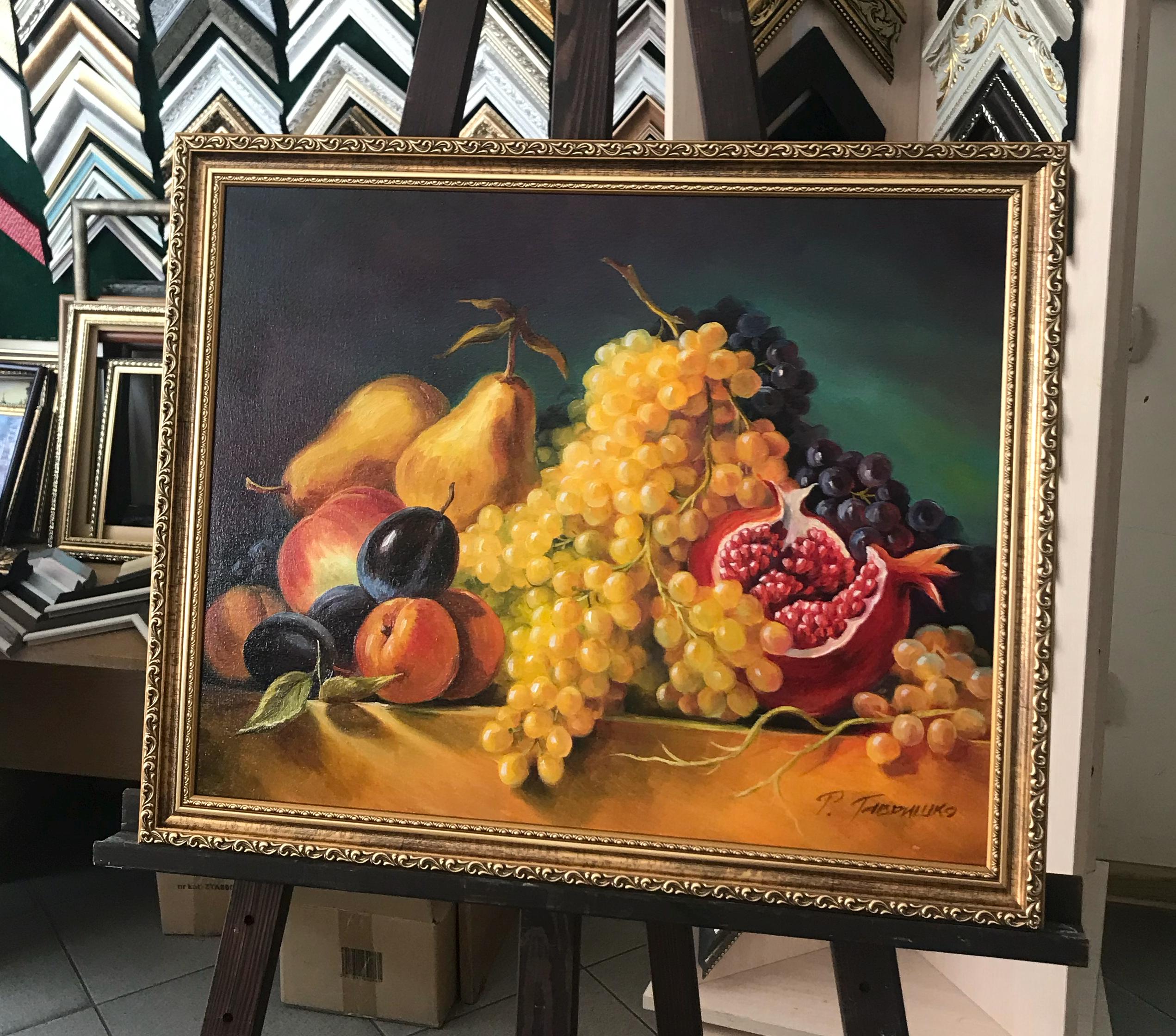 パリで購入 油絵 油彩画 花と果物の静物画 パリで購入 油絵 油彩画 花