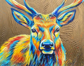 キャンバスに描かれた抽象的な鹿の絵 金色の鹿の頭 壁アート