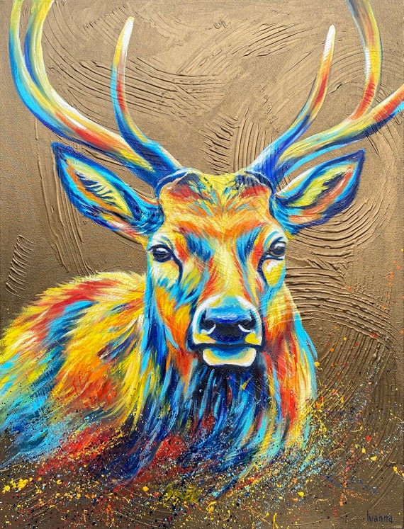 原画　額付き　送料込み　鹿　絵画　動物画　アクリル画　現代アート　一点物　手描き bf04b7cc0780934b7e01fabf13239e