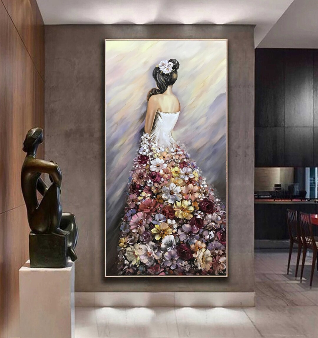 Woman in Flower Dress Oil Painting Original 30x60 Canvas Wall Art Extra