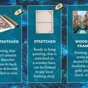 May include: Image showcasing three options for artwork: Unstretched, Stretched, and Wooden Frame. Unstretched paintings are rolled in a tube. Stretched paintings are ready to hang. Wooden frames are available in gold, silver, black, and white.