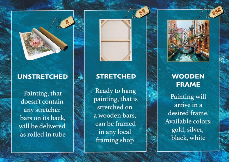 May include: Image showcasing three options for artwork: Unstretched, Stretched, and Wooden Frame. Unstretched paintings are rolled in a tube. Stretched paintings are ready to hang. Wooden frames are available in gold, silver, black, and white.
