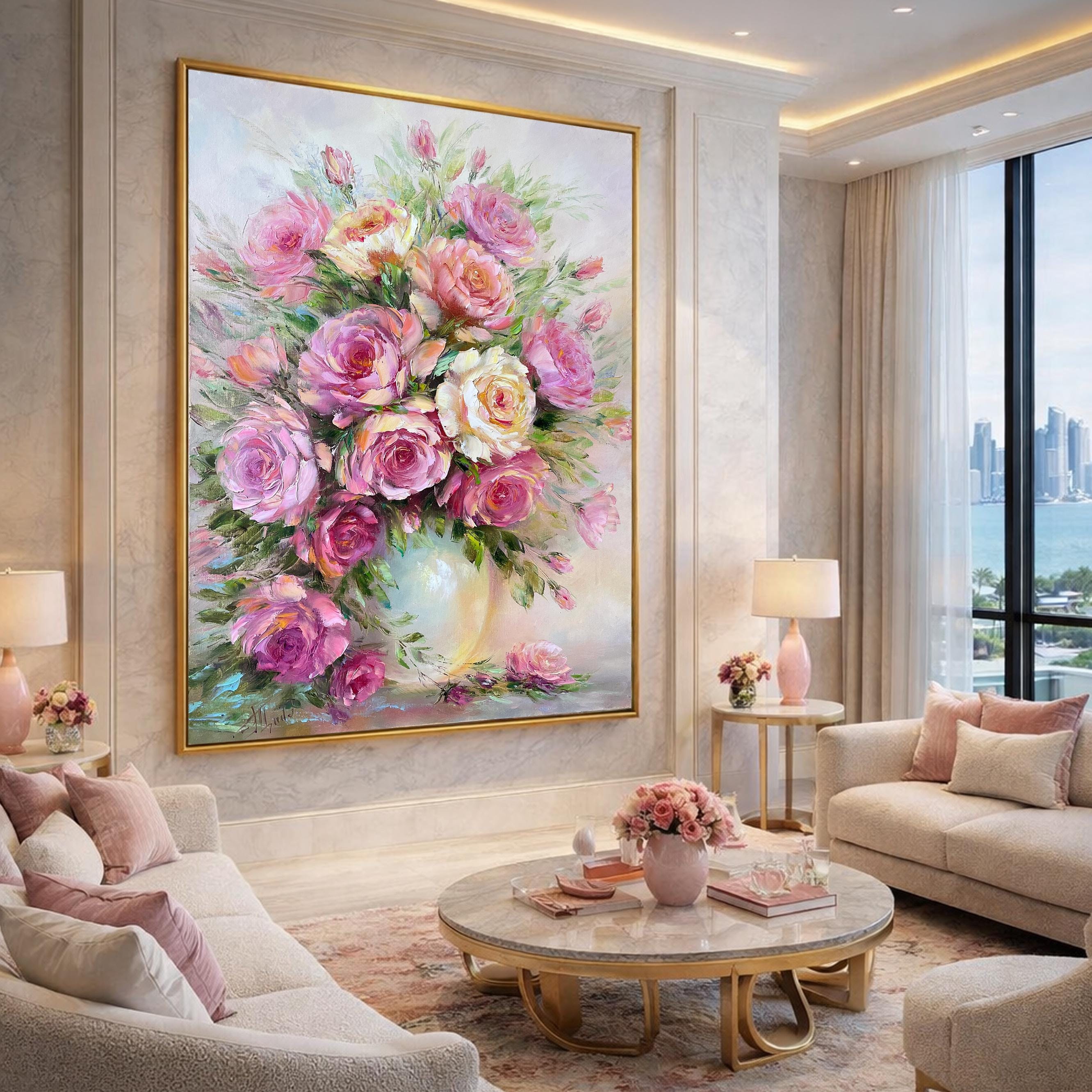 ピンクのバラの油絵 オリジナルの花瓶に入った花の絵画 クラシックな壁