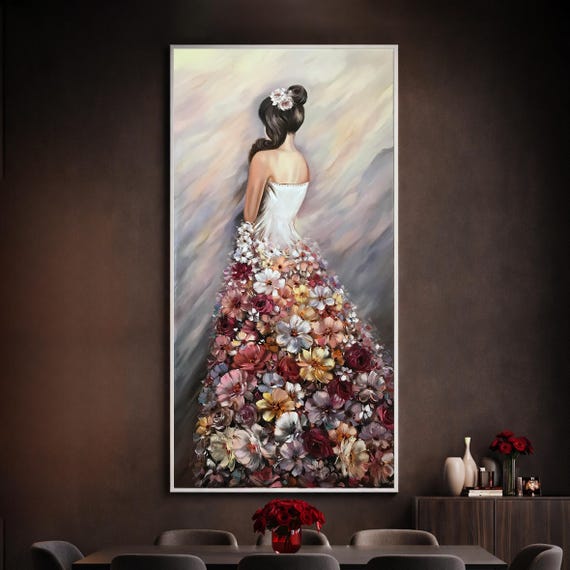 花のドレスを着た女性の油絵、特大の花柄の少女キャンバスウォール
