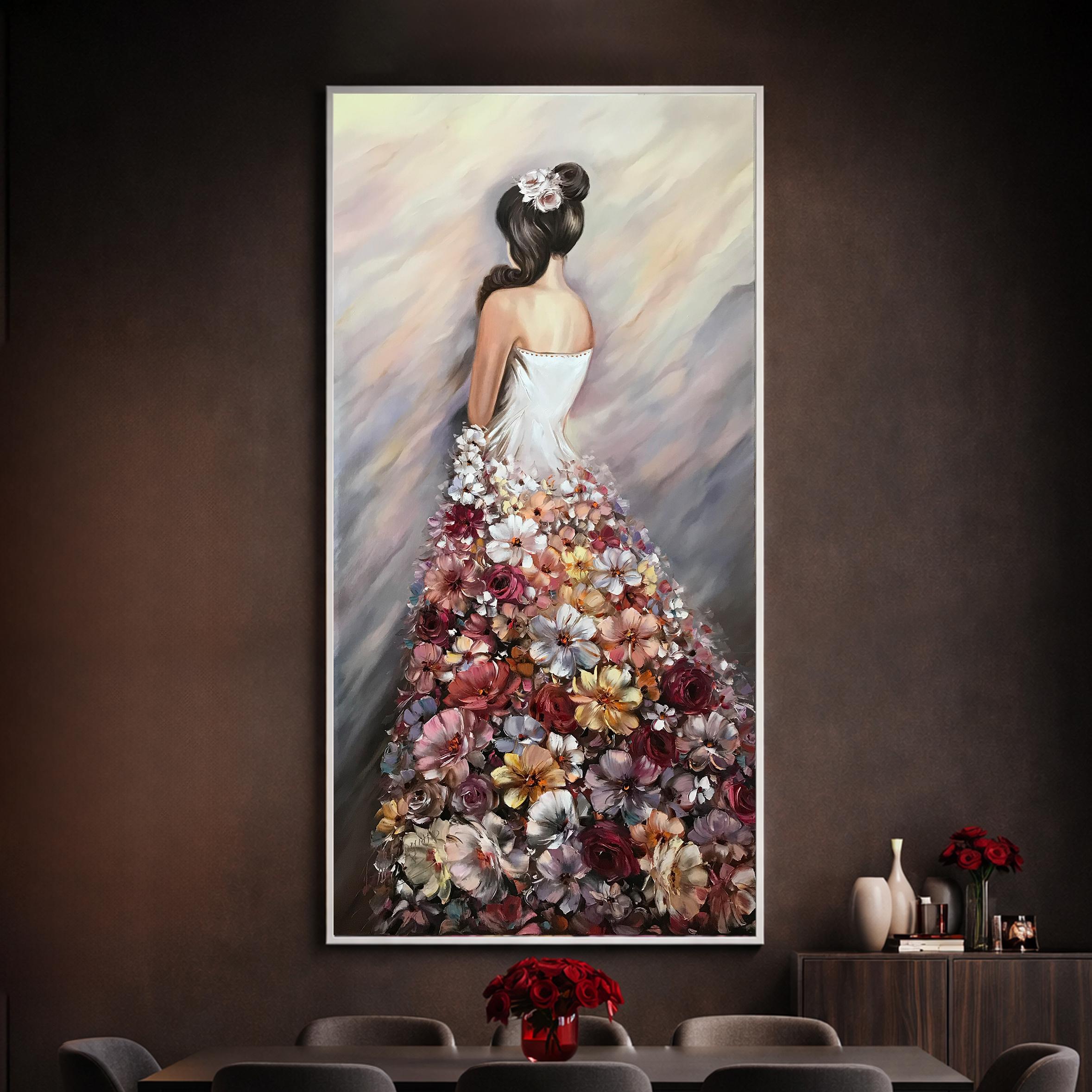 Woman in Flower Dress Oil Painting, Extra Large Floral Girl Canvas
