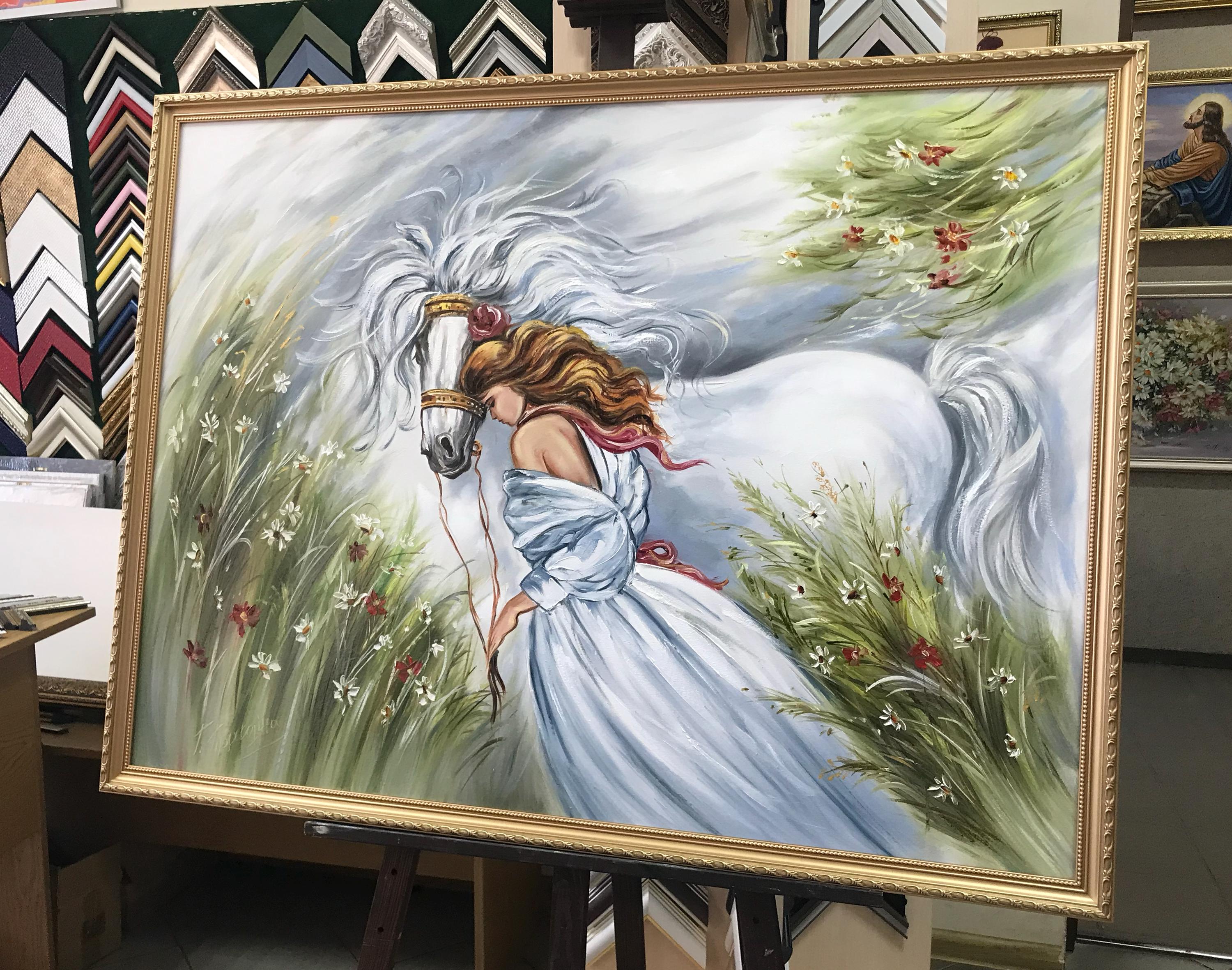 馬の油絵を持つ美しい女性：動物の壁画を持つかわいい女の子 - Etsy 日本