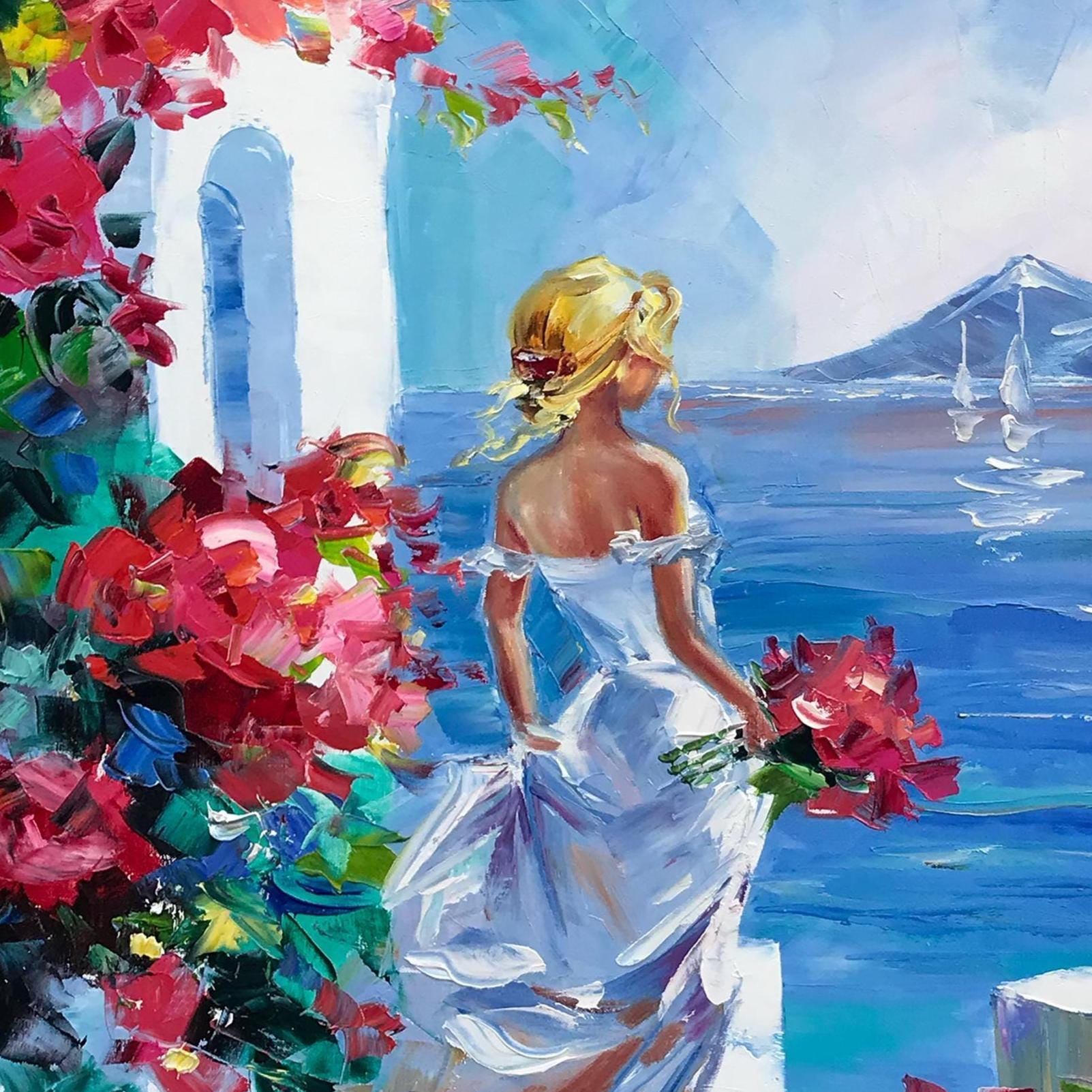 海辺の女性の絵画 キャンバスに描かれたサントリーニ島のオリジナル