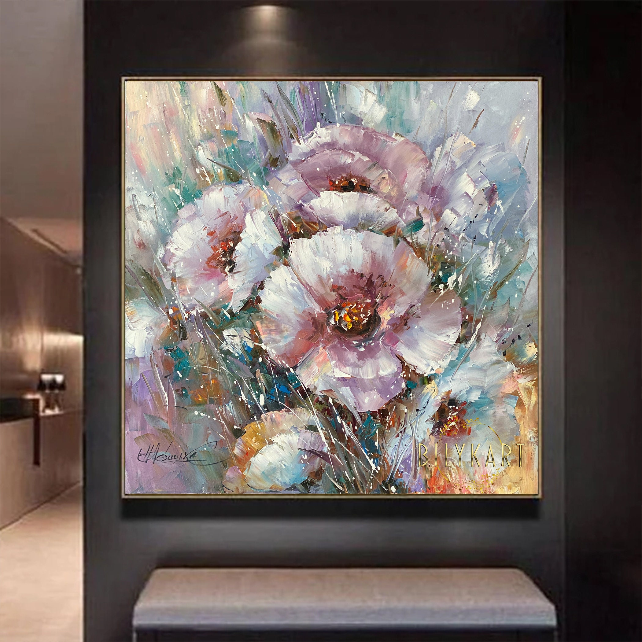 キャンバスに描かれた大きな抽象的な花の絵画 紫色の花の油絵