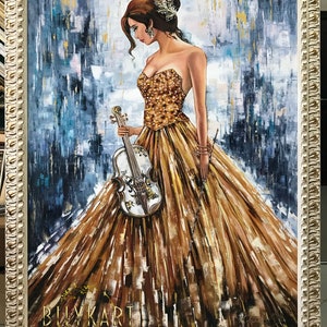 Large Abstract Girl With Violin Oil Painting Original Framed Woman in ...