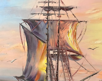 油画　船 額入りクリッパー船の絵画 夕焼けの壁アート ピンク イエロー