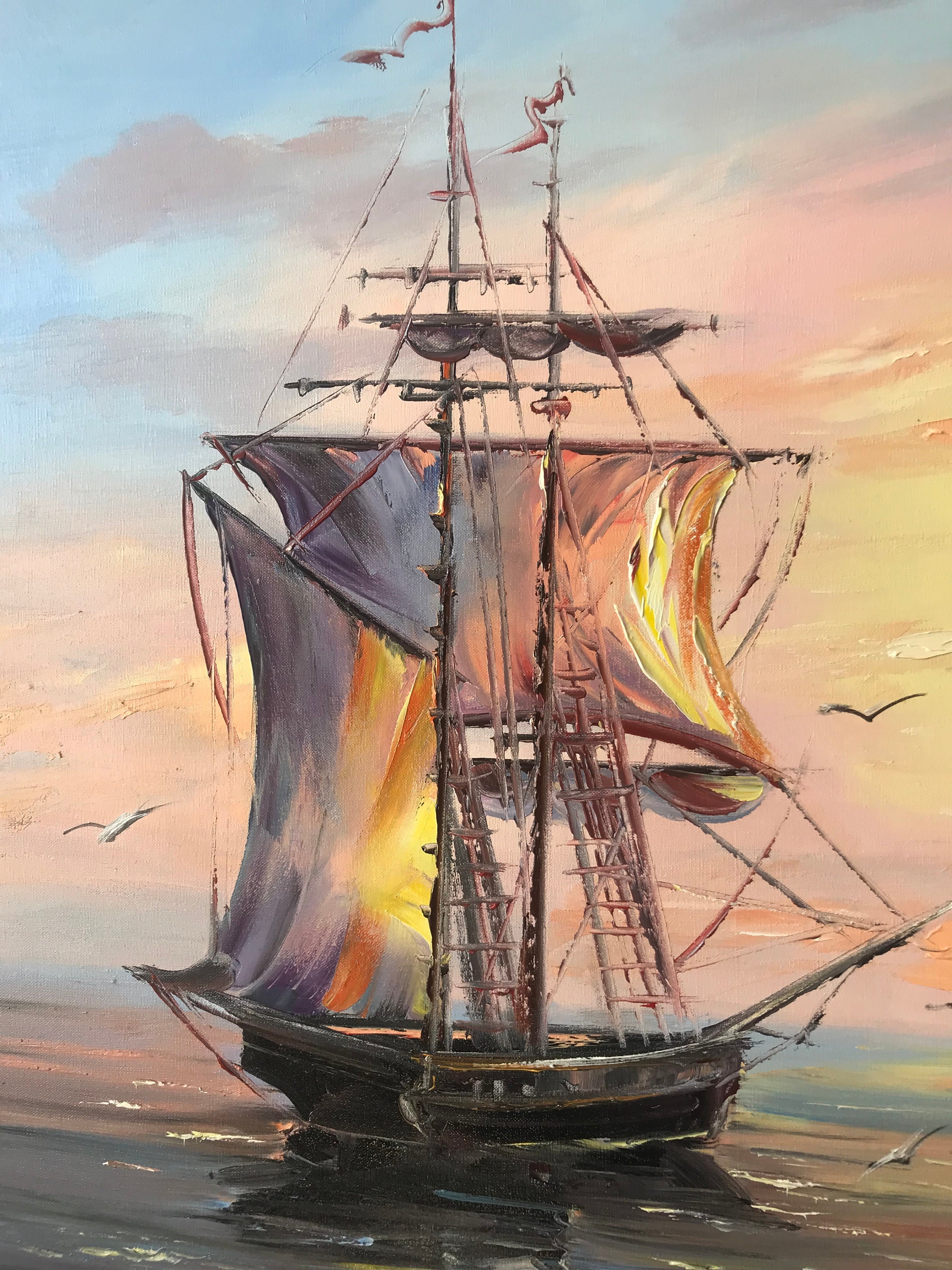 額入りクリッパー船の絵画 夕焼けの壁アート ピンク イエロー
