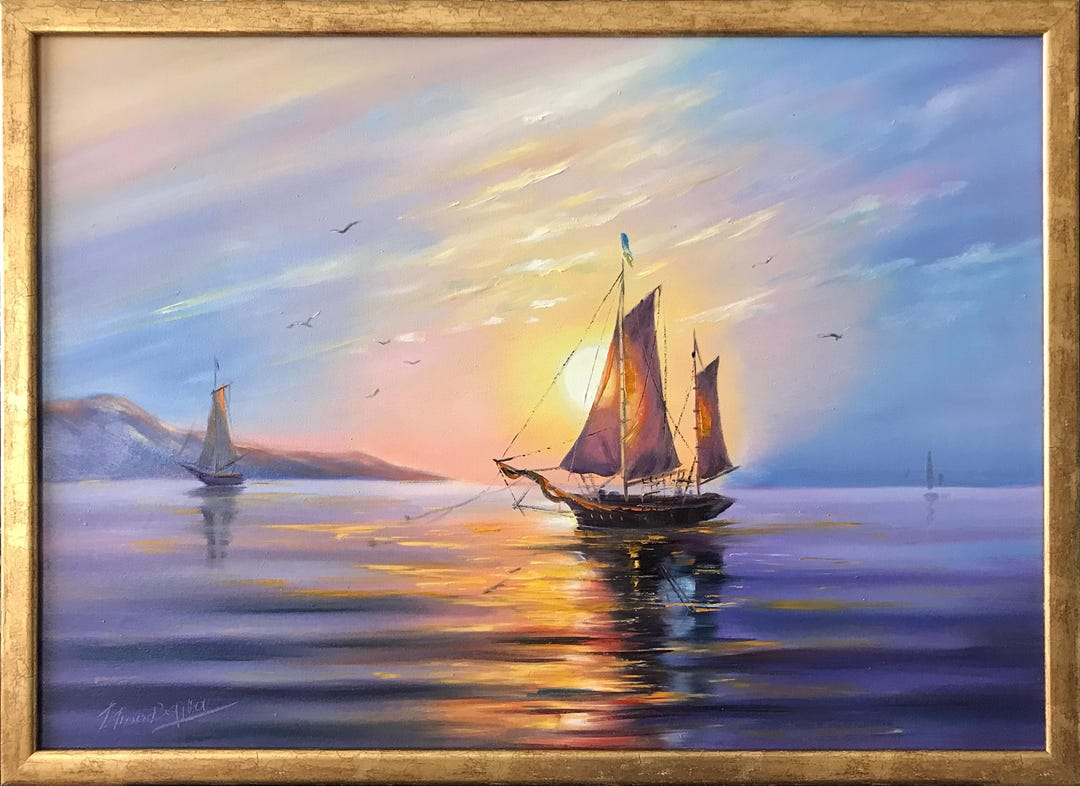 夕日のボートの油絵（キャンバス）、黄金の海景の壁掛けアート、帆船の