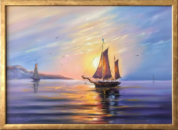 夕焼けの帆船の絵画 大型帆船アート 夕焼けの帆船の油絵 額入り帆船 