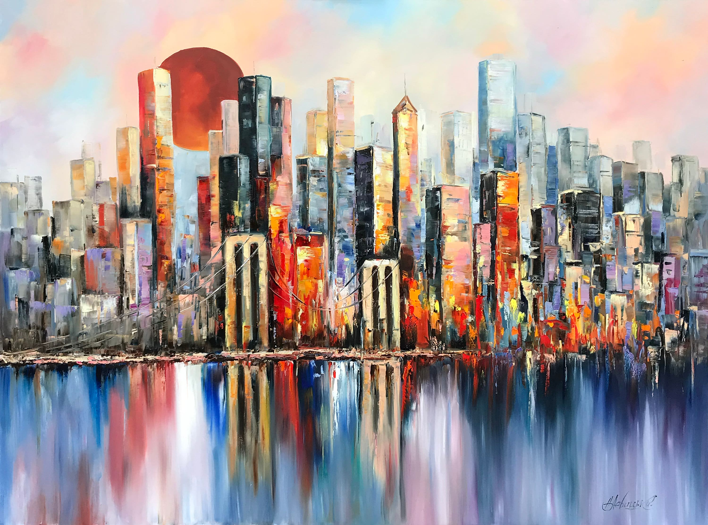 New York Skyline Painting on Canvas Abstract NYC Art Full Moon Etsy