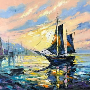 Pintura de velero Pintura abstracta de arte de pared de velero Velero en el océano Pintura al óleo de paisaje marino Arte náutico original Arte moderno de velero